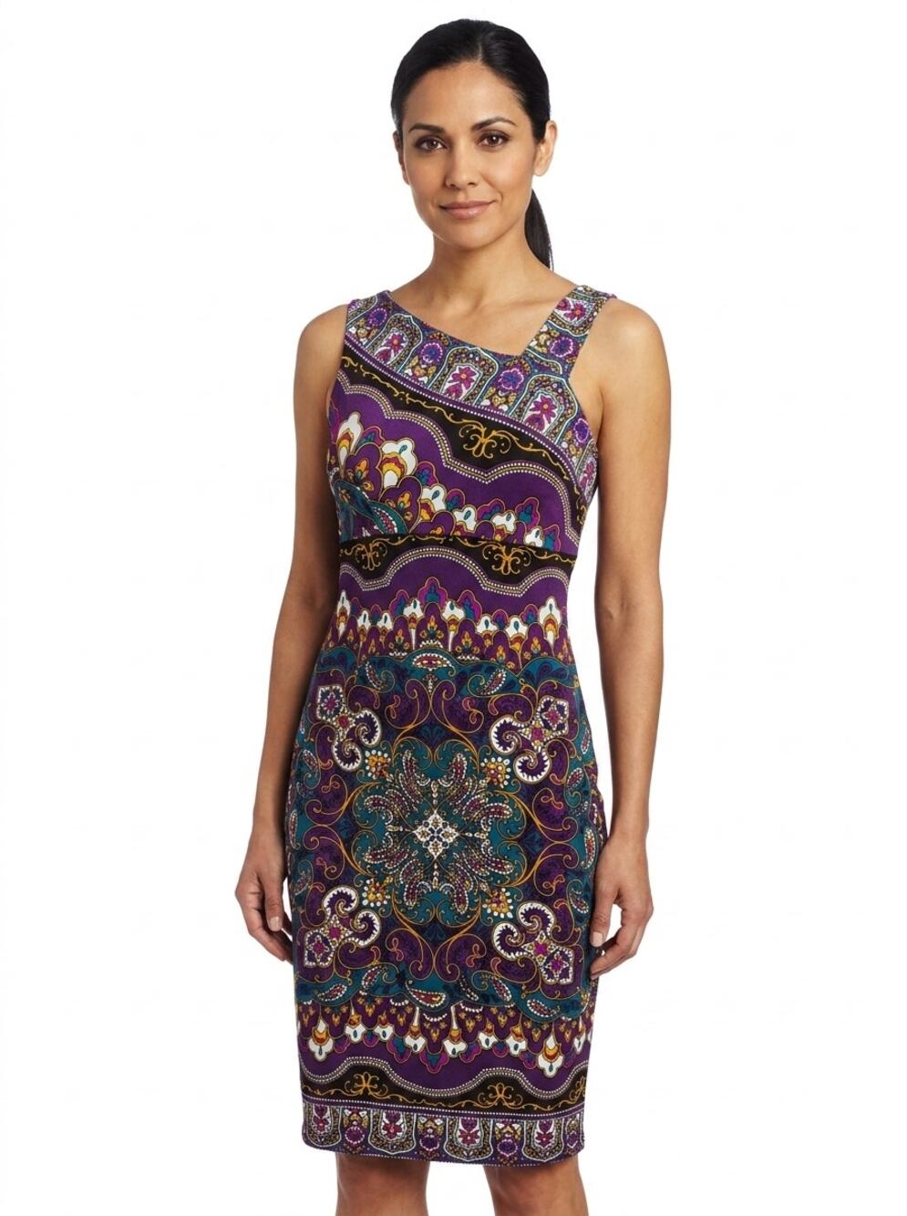 Nicole Miller Purple Paisley Asymmetric Sheath Dress Women Size 12